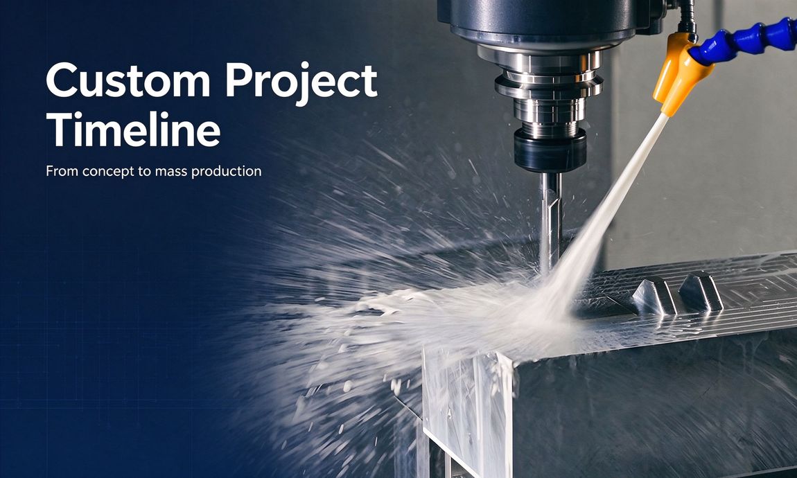 Industrial banner with CNC machining scene and custom project timeline title