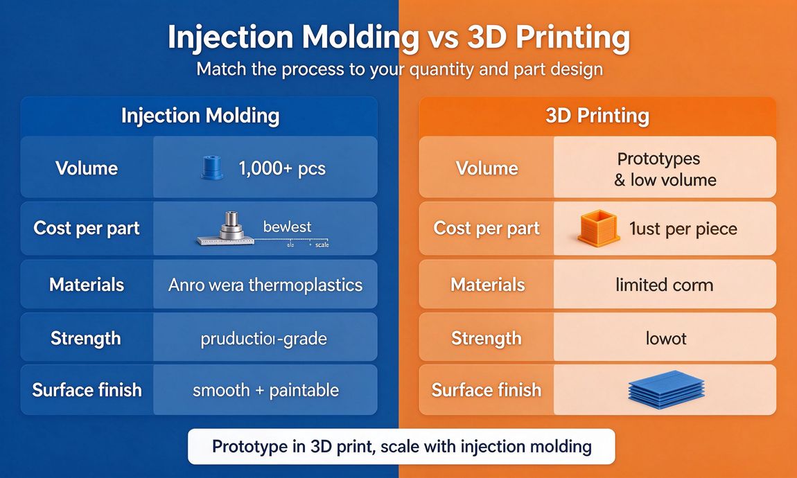 Which manufacturing process fits better for custom plastic parts injection molding or 3D printing