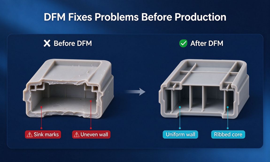 Before and after DFM: uneven walls and sink marks versus uniform walls and ribbed core