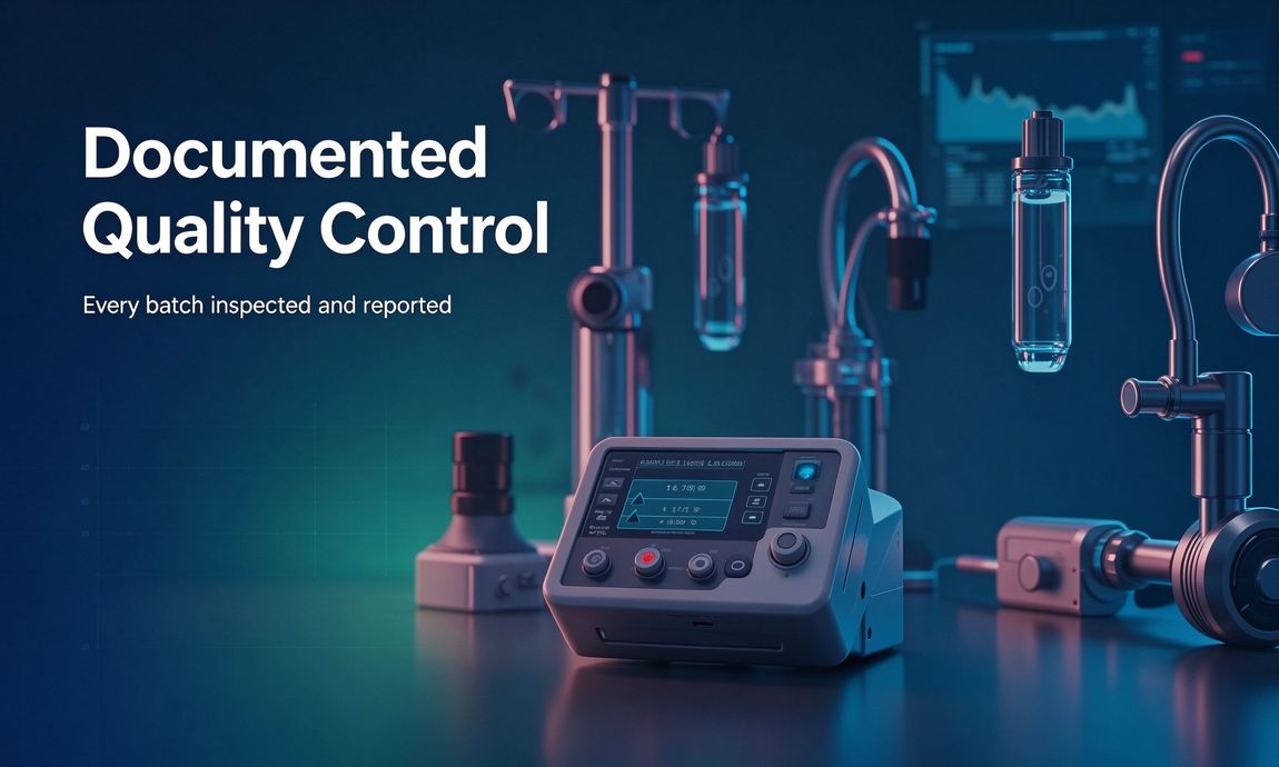 Industrial banner with laboratory instruments and documented quality control title Industrial banner with laboratory instruments and documented quality control title