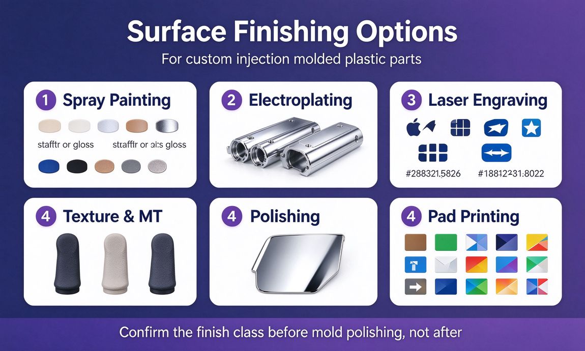 What surface finishing options are available for custom injection molded plastic parts