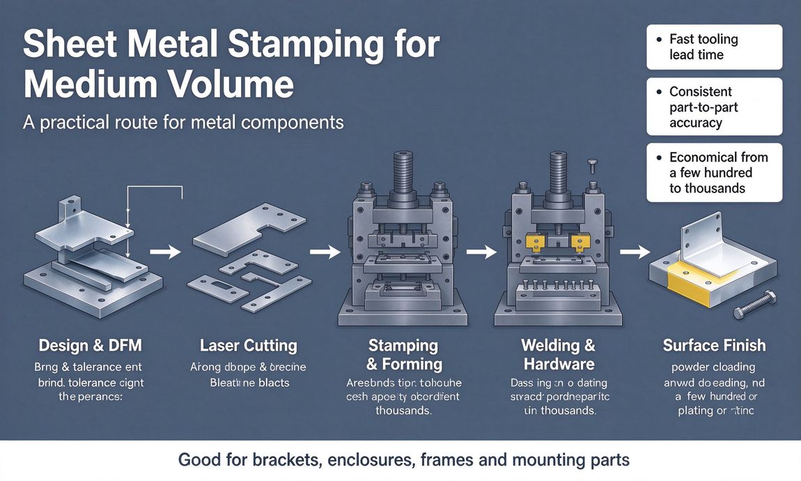 Infographic of sheet metal stamping production flow and advantages Infographic of sheet metal stamping production flow and advantages