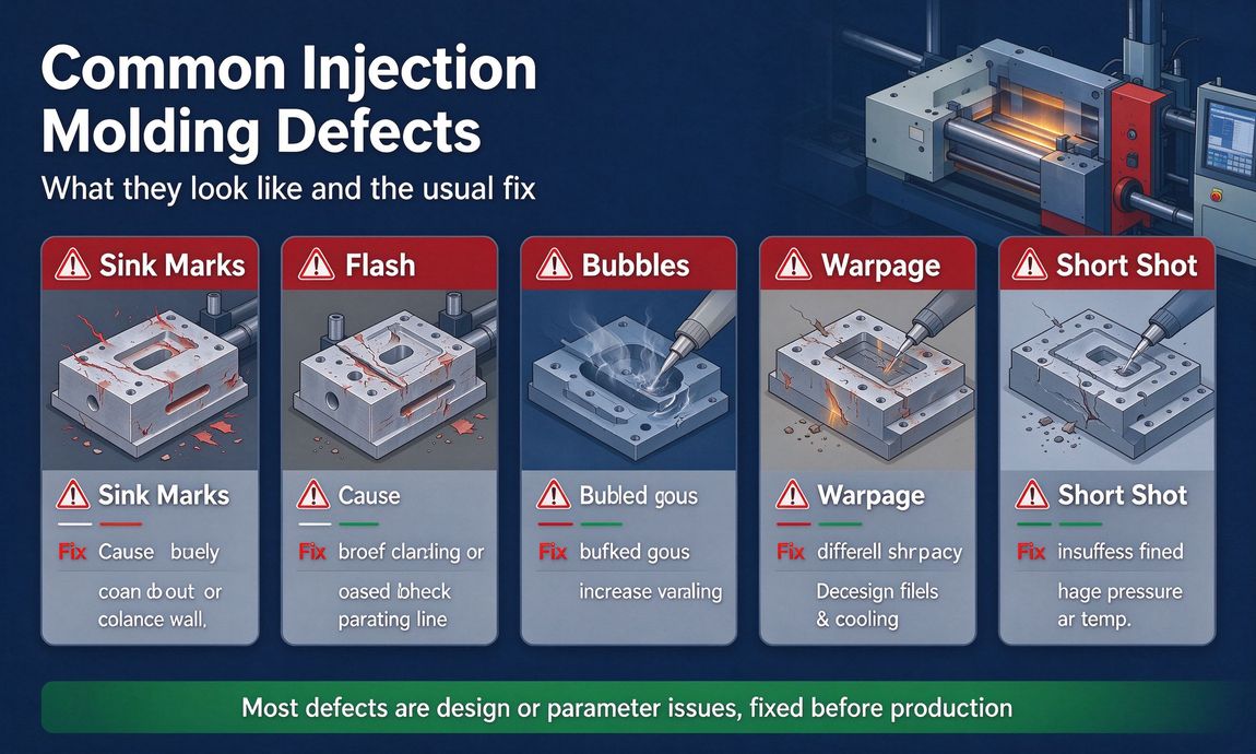 Infographic of common injection molding defects with causes and fixes Infographic of common injection molding defects with causes and fixes