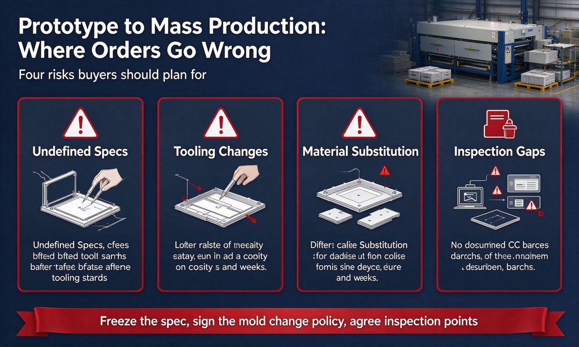 Infographic of four risks between prototype and mass production Infographic of four risks between prototype and mass production