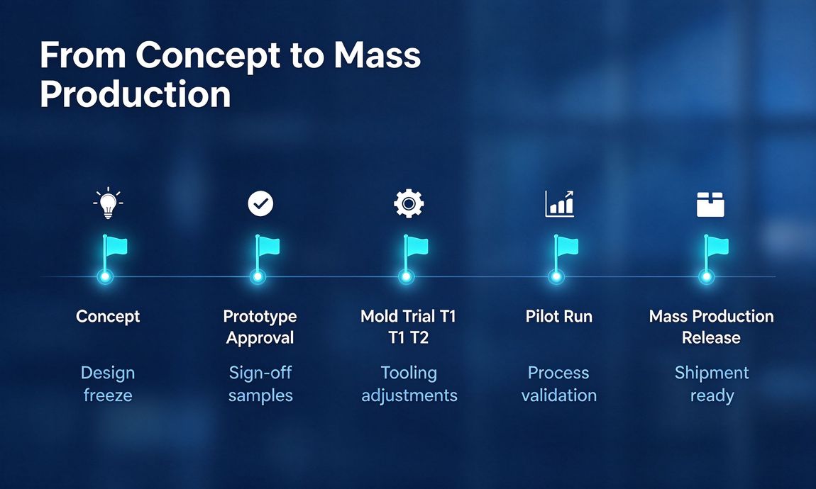 Timeline from concept to mass production with five milestone gates Timeline from concept to mass production with five milestone gates