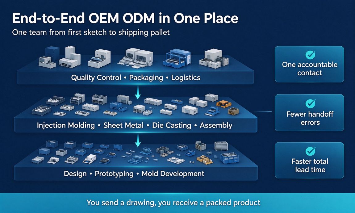 Infographic of end-to-end OEM ODM layers from design to logistics Infographic of end-to-end OEM ODM layers from design to logistics