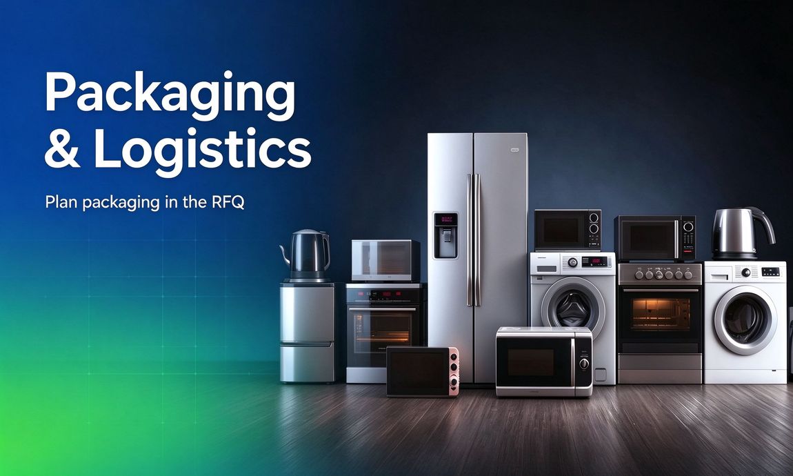 Industrial banner with packaged appliance products and packaging and logistics title Industrial banner with packaged appliance products and packaging and logistics title
