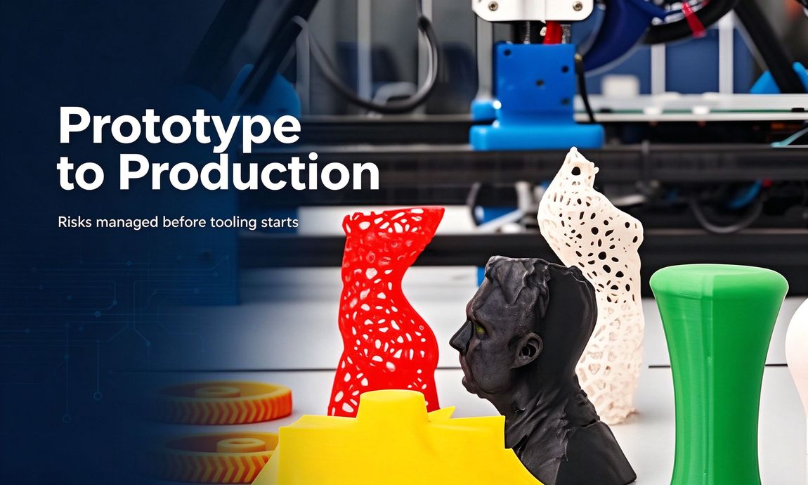 Industrial banner with 3D printed prototypes and prototype to production title Industrial banner with 3D printed prototypes and prototype to production title