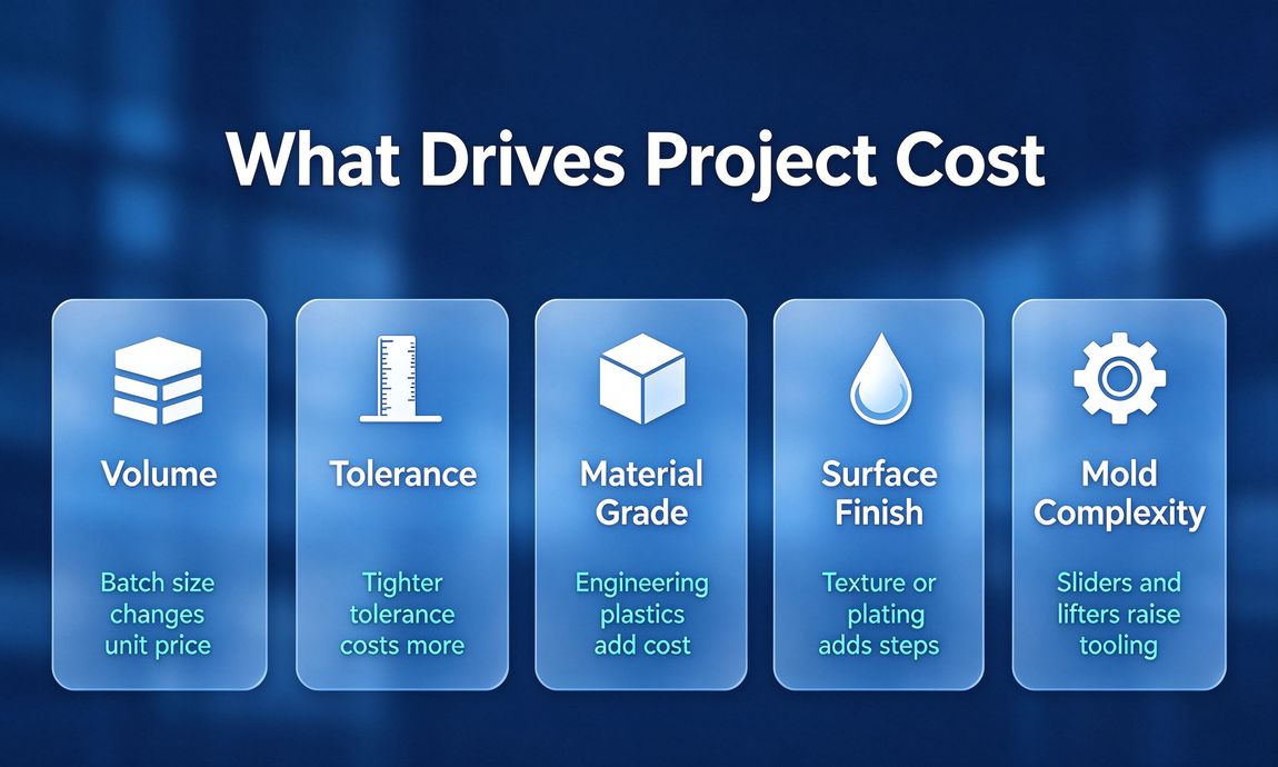 Cost drivers: volume, tolerance, material grade, surface finish and mold complexity