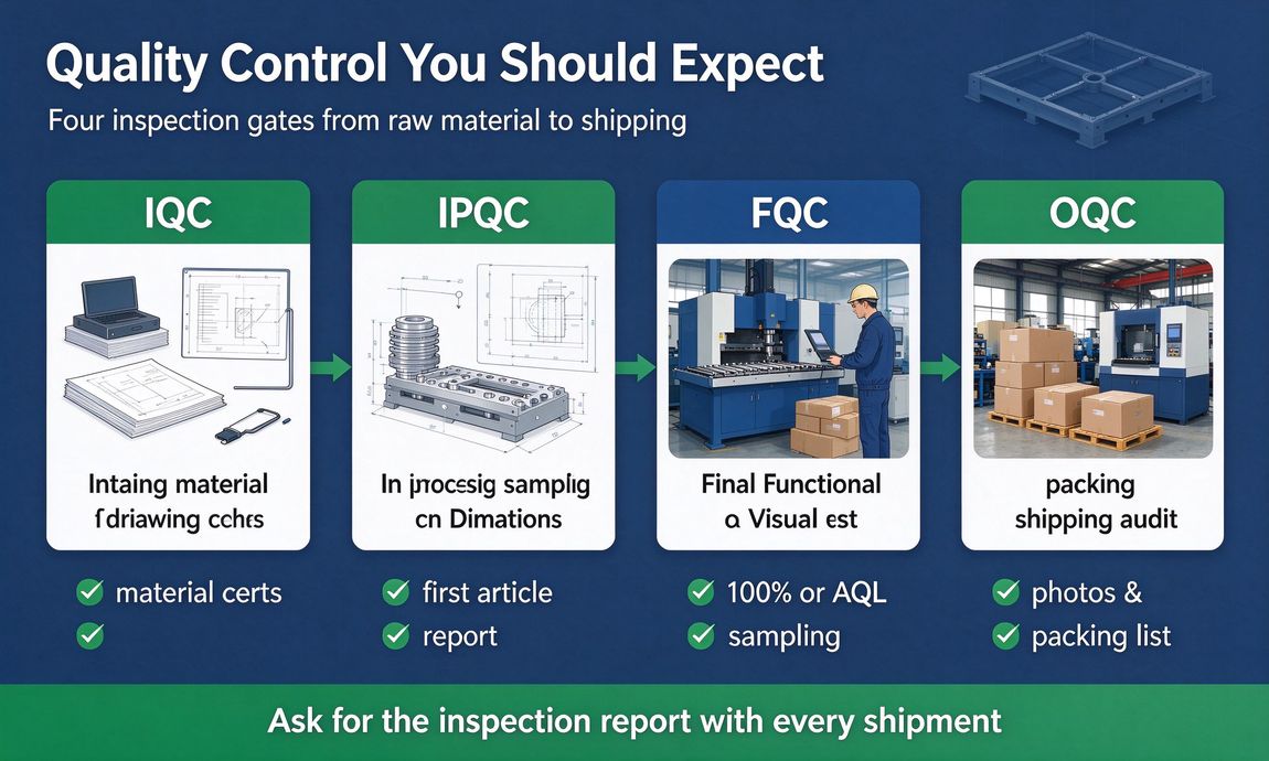 Infographic of four quality control gates from incoming material to outgoing audit Infographic of four quality control gates from incoming material to outgoing audit