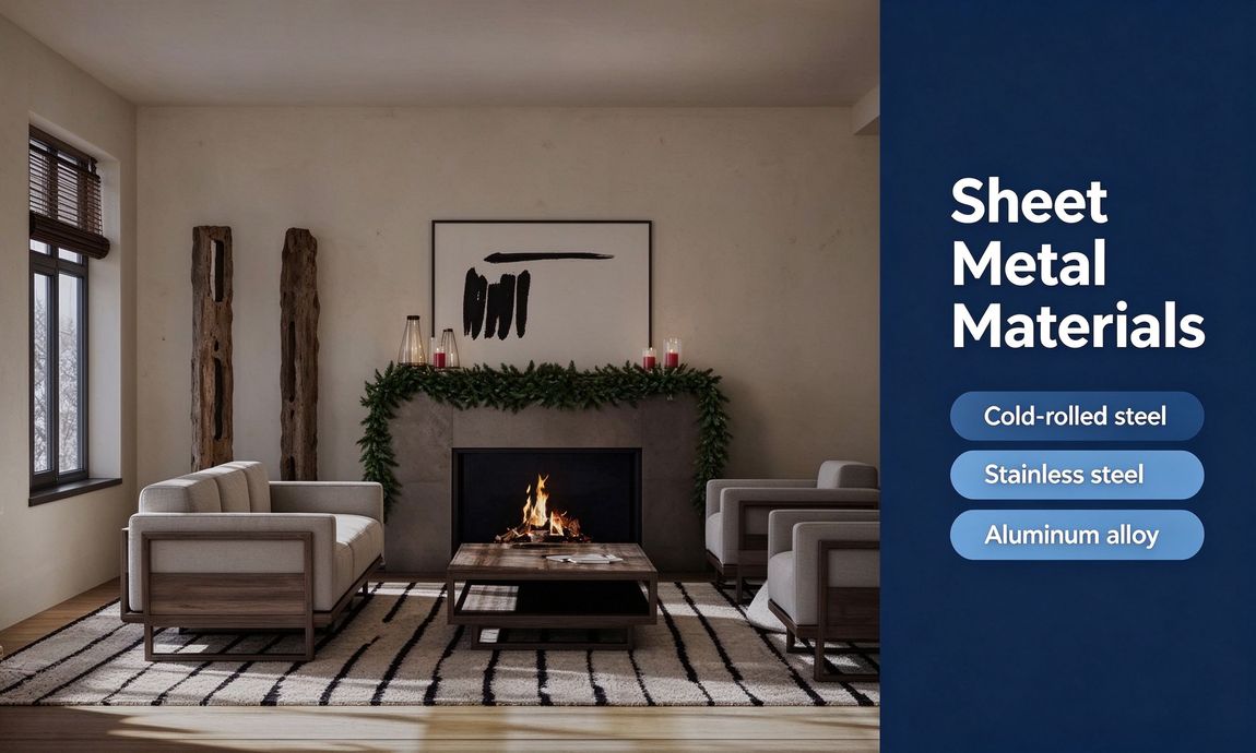 Brand banner showing a home interior with sheet metal material notes
