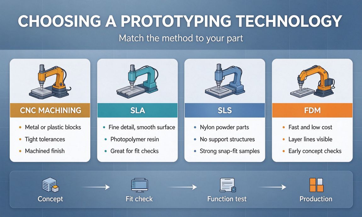 Comparison infographic of CNC, SLA, SLS and FDM prototyping Comparison infographic of CNC, SLA, SLS and FDM prototyping