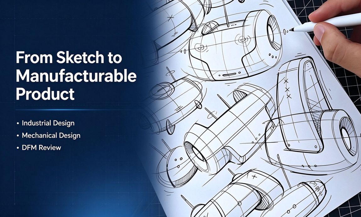 Industrial banner with a hand-drawn product sketch