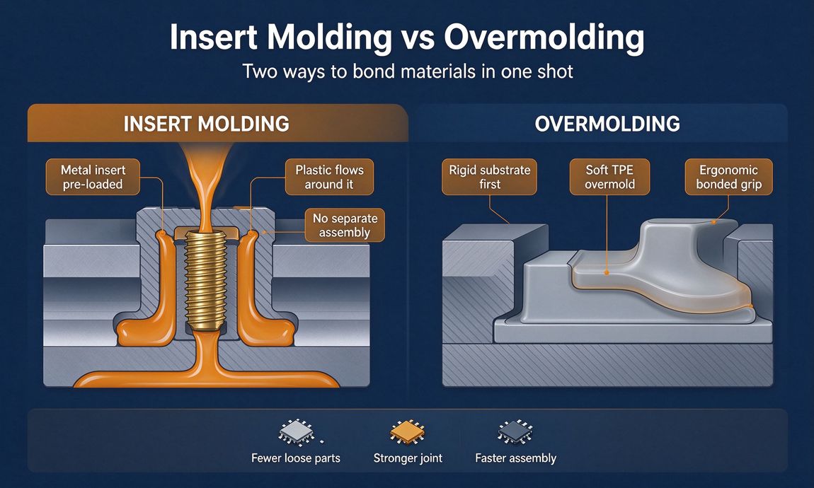 Insert molding versus overmolding cross-section infographic Insert molding versus overmolding cross-section infographic