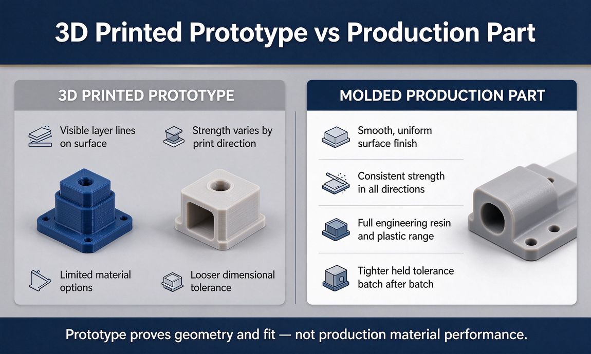 Comparison infographic of a 3D printed prototype versus a molded production part Comparison infographic of a 3D printed prototype versus a molded production part