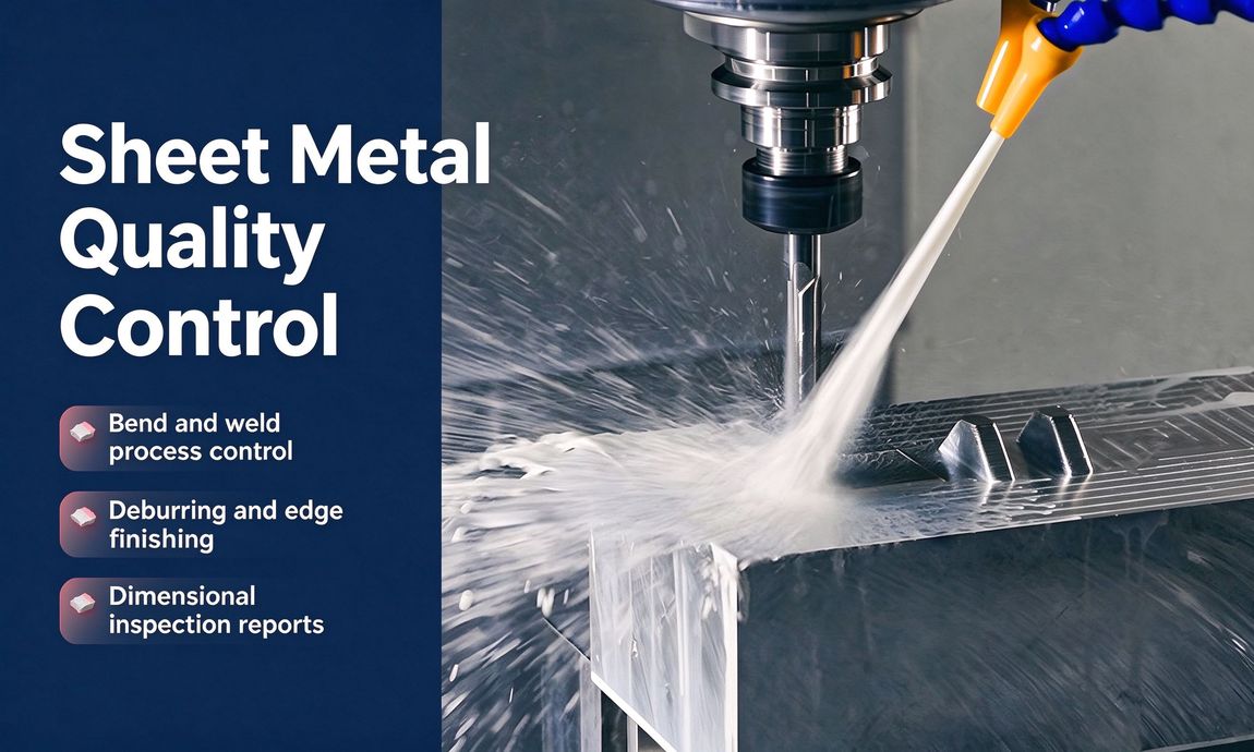 Brand banner showing precision machining with sheet metal quality control notes Brand banner showing precision machining with sheet metal quality control notes