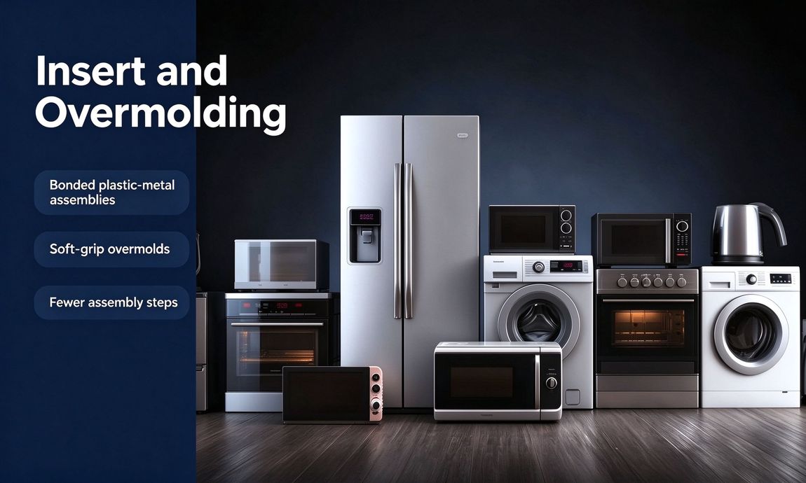Brand banner showing home appliance products with insert and overmolding notes Brand banner showing home appliance products with insert and overmolding notes