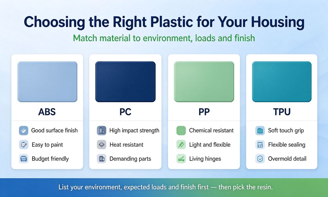 Infographic material selection matrix comparing ABS, PC, PP and TPU Infographic material selection matrix comparing ABS, PC, PP and TPU