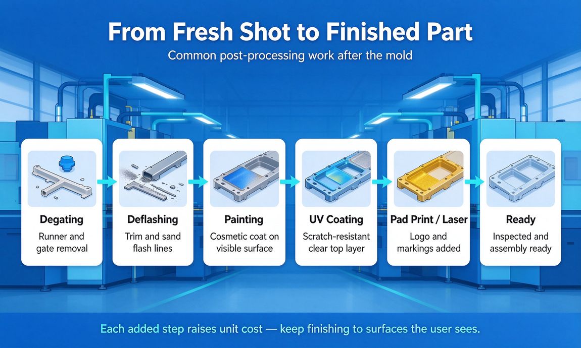 What common post-processing work can be applied for custom injection-molding parts