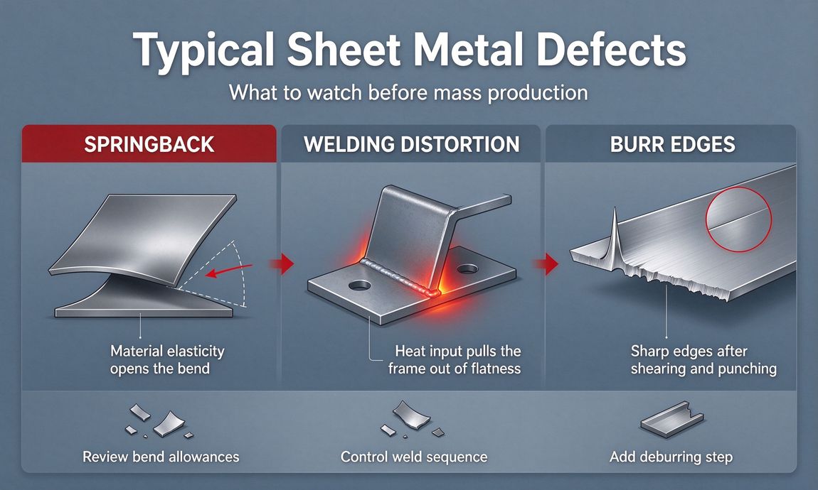 Infographic of typical sheet metal defects: springback, welding distortion and burr edges Infographic of typical sheet metal defects: springback, welding distortion and burr edges