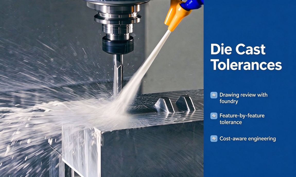 Brand banner showing precision machined metal parts with die cast tolerance notes