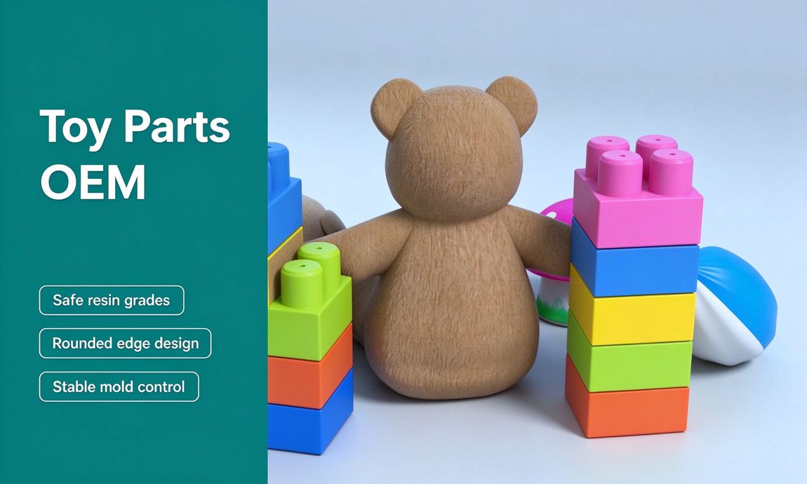 Corporate banner of colorful toy blocks on a teal panel