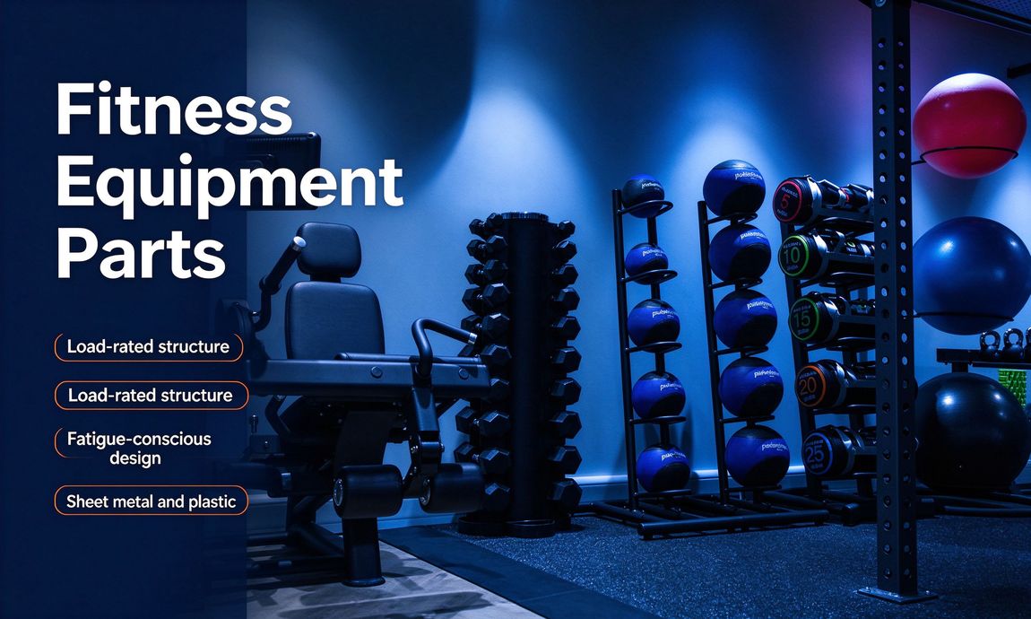 Corporate banner of gym equipment on a deep-blue industrial backdrop Corporate banner of gym equipment on a deep-blue industrial backdrop