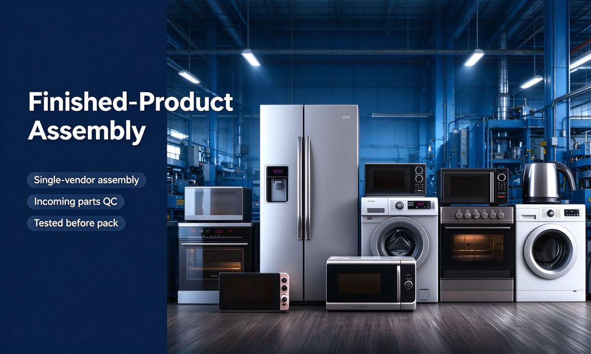 Brand banner showing assembled home appliance products in a factory Brand banner showing assembled home appliance products in a factory