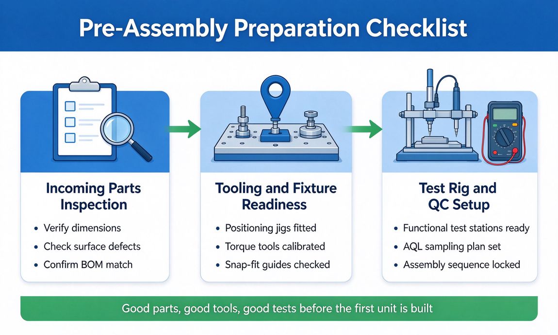 Infographic of the pre-assembly preparation checklist Infographic of the pre-assembly preparation checklist