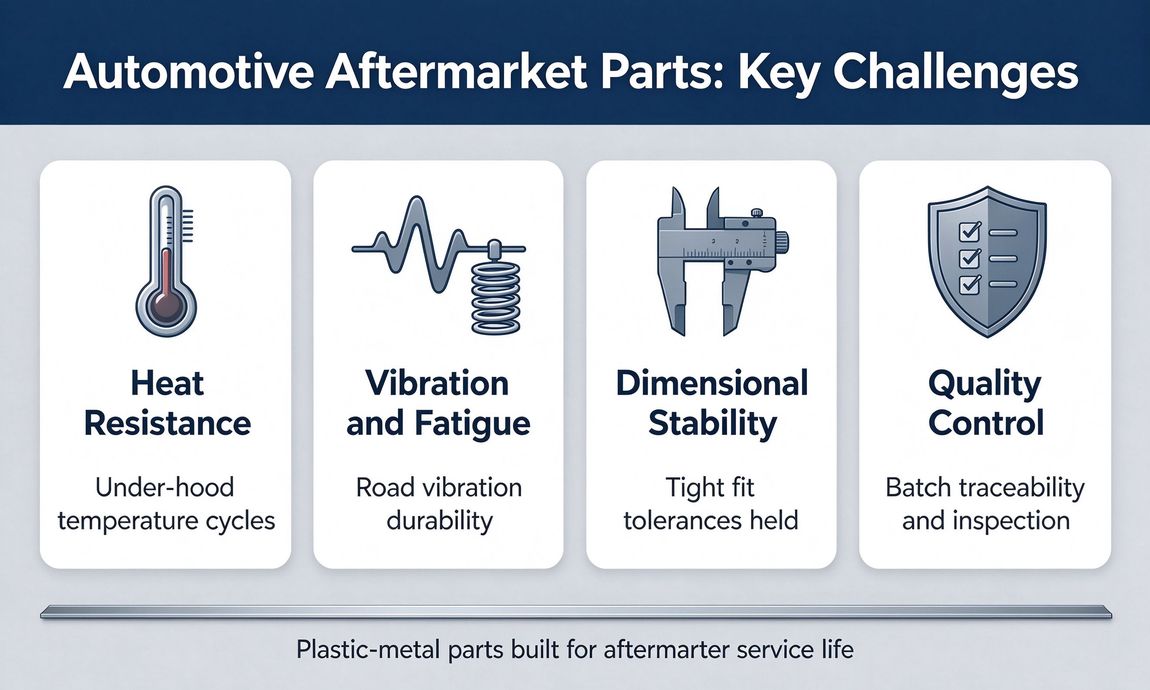 What custom manufacturing challenges exist for automotive aftermarket plastic-metal parts