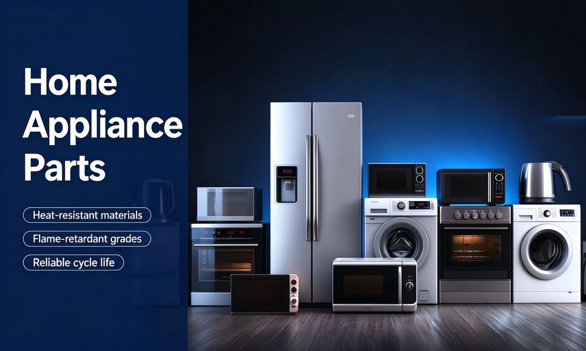 Corporate banner of home appliance components on a blue industrial backdrop Corporate banner of home appliance components on a blue industrial backdrop