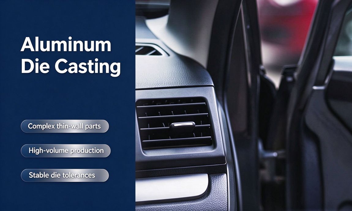 Brand banner showing an automotive die-cast vent with aluminum die casting notes