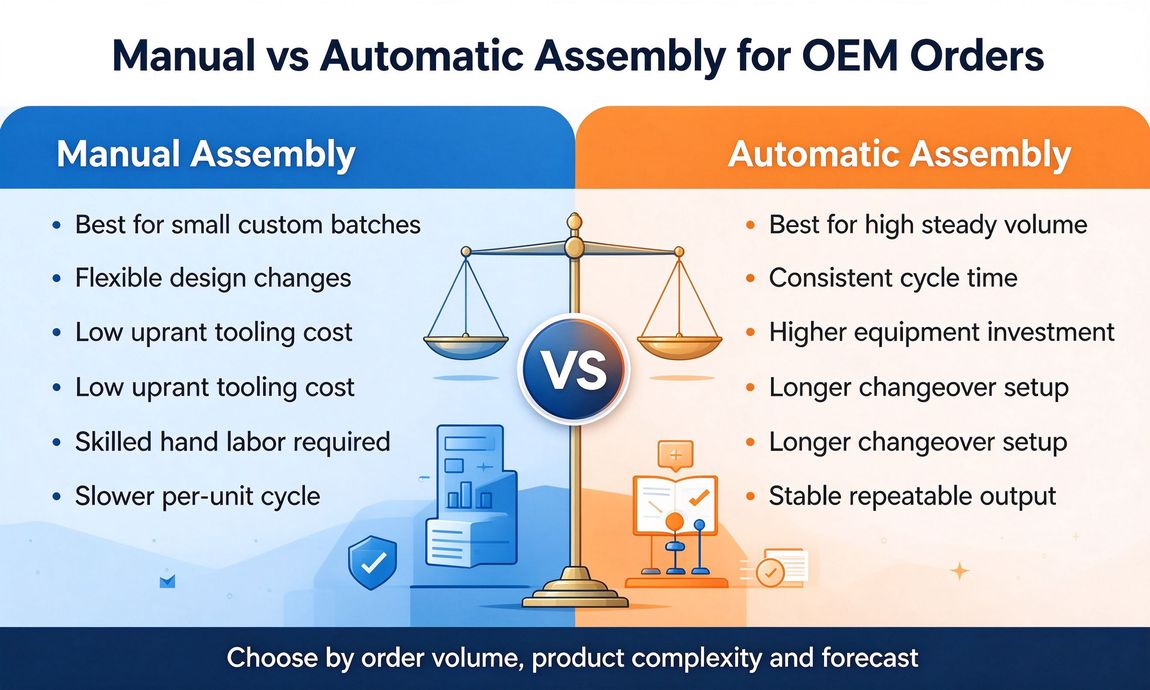 Comparison infographic of manual assembly versus automatic assembly Comparison infographic of manual assembly versus automatic assembly